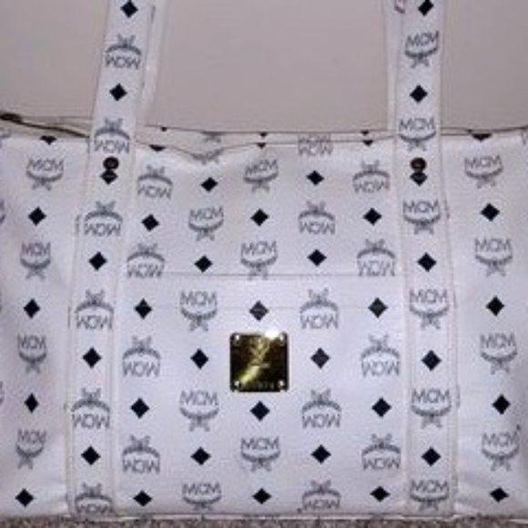 MCM Handbags - MCM white / navy leather shoulder bag tote